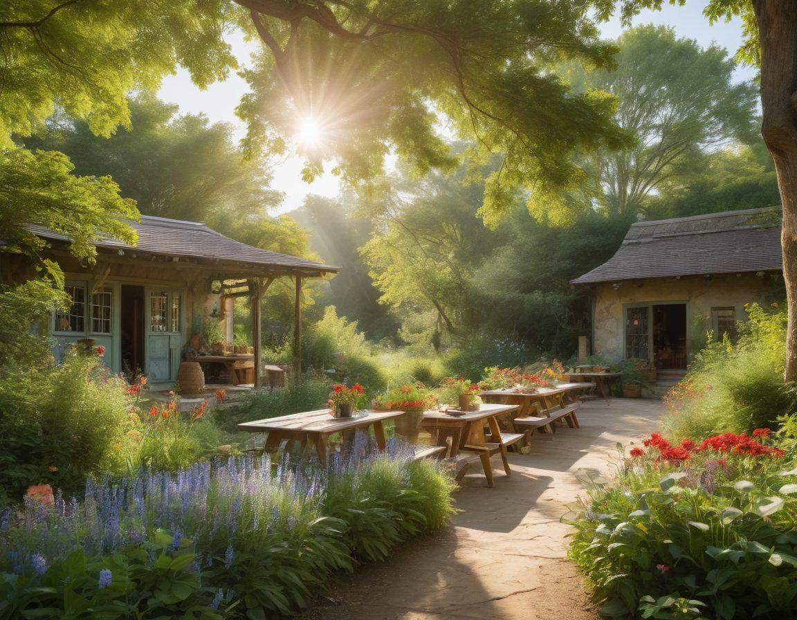 A serene outdoor scene depicting a group of diverse individuals engaged in various activities related to income generation, such as crafting artisan goods, selling organic produce, and leading nature workshops, all while embracing naturism. Lush greenery and vibrant flowers surround them, symbolizing freedom and creativity. Bright sunlight filters through the trees, creating a peaceful yet productive atmosphere. super-realistic. vibrant colors. nature-inspired.